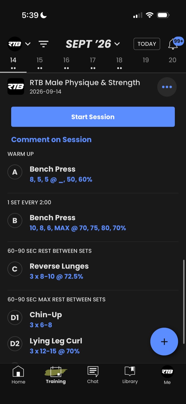 An RTB session in the app: bench press written as sets, reps and percentages
