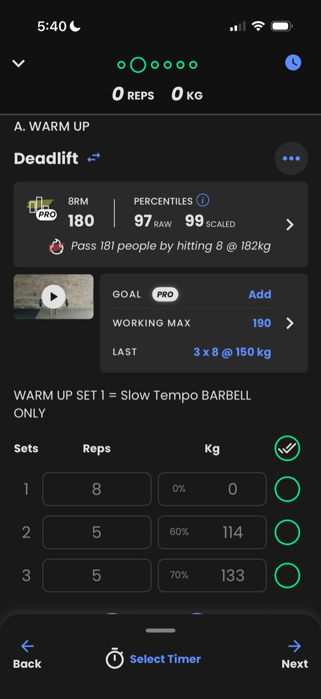 A deadlift set list where each percentage is already converted to kilos
