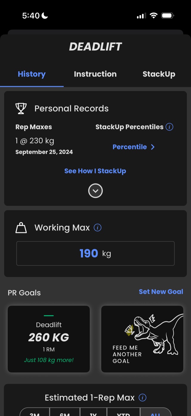 Deadlift history with personal records, working max and a PR goal