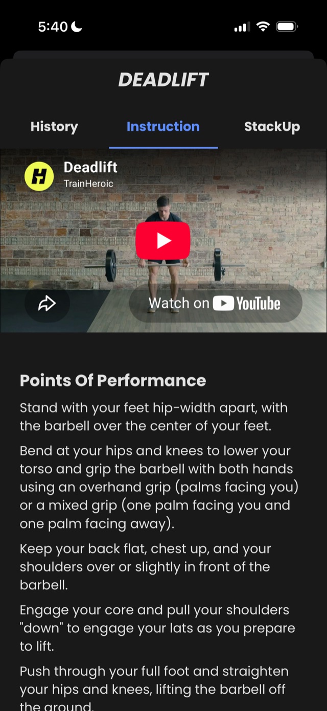 Exercise instruction with a demo video and points of performance