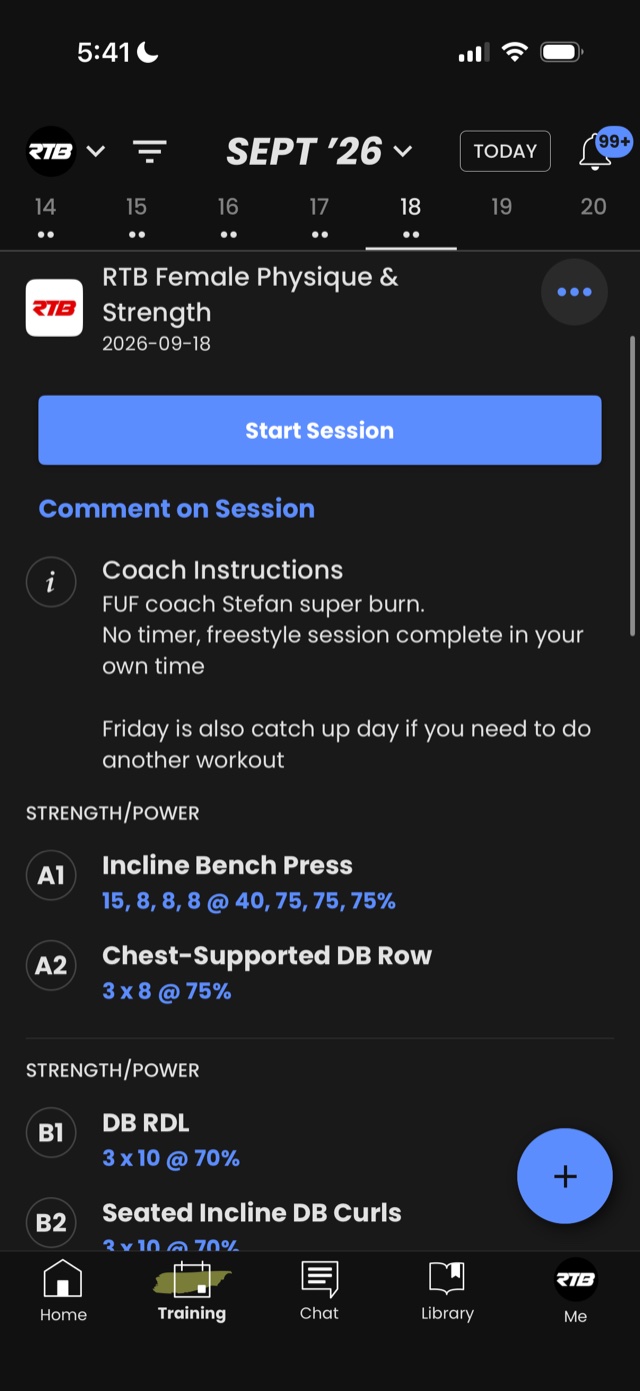A Friday session with coach instructions and the day's lifts